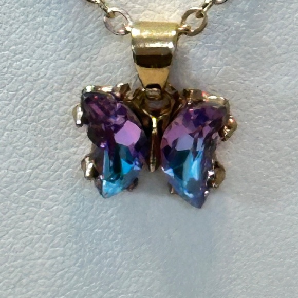 Gold Tone Mystic Glass Crystal Butterfly Pendant - Picture 16 of 16